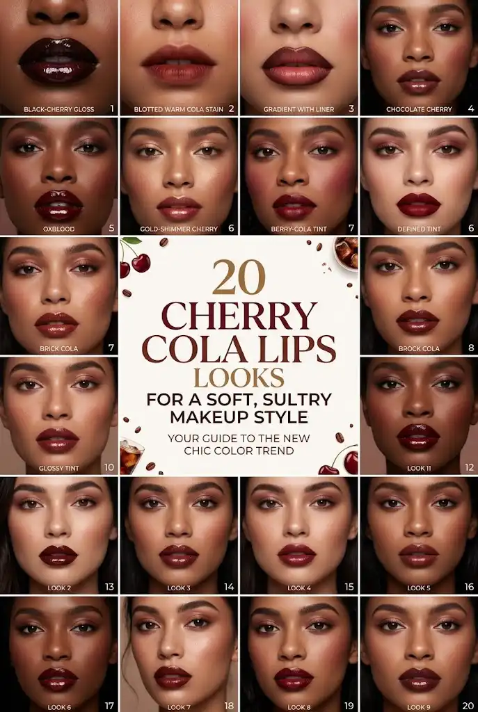 Adult woman wearing softly glossy cherry cola lips with warm brown definition.