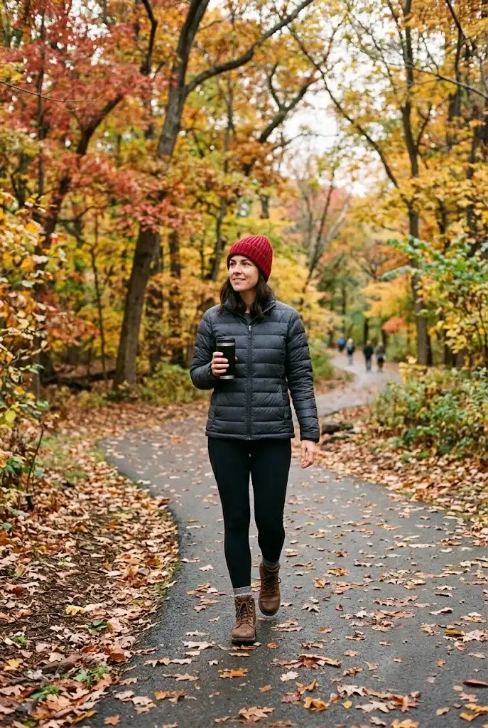 Cherry red beanie paired with a charcoal puffer jacket and black leggings.
