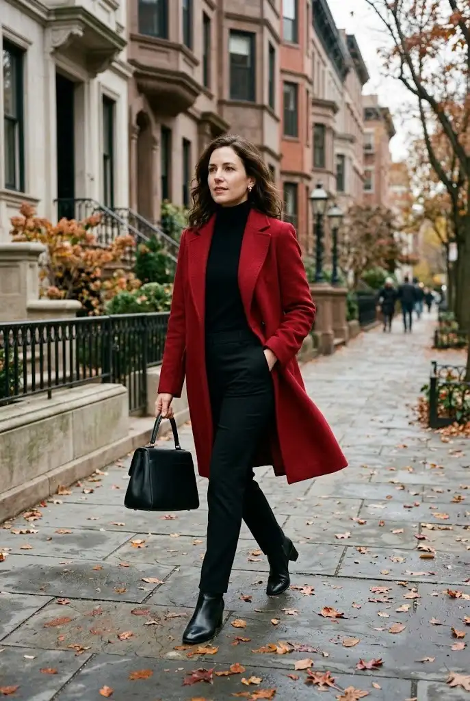 Cherry red wool coat worn over a sleek all-black fall outfit.