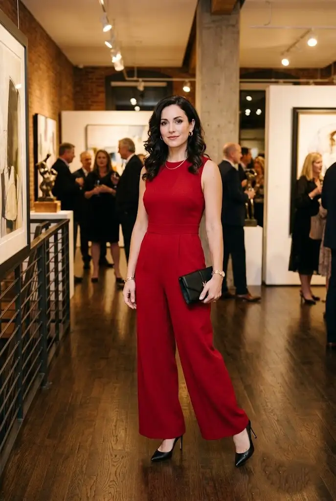 Tailored cherry red wide-leg jumpsuit styled with minimal gold jewelry and black heels.