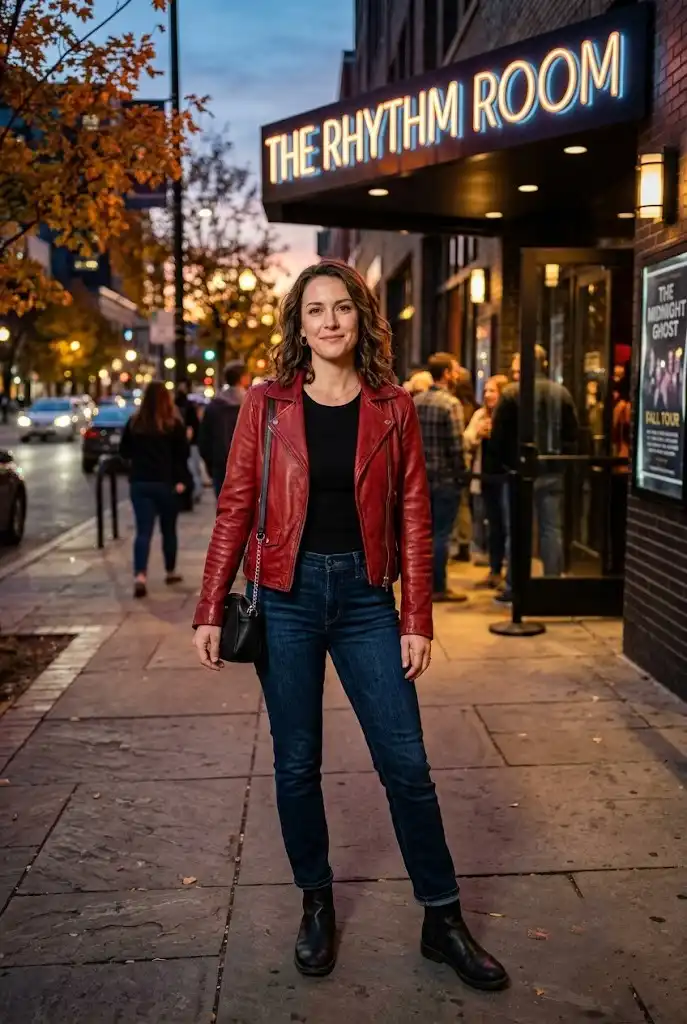 Cherry red leather jacket styled with dark jeans and black ankle boots.