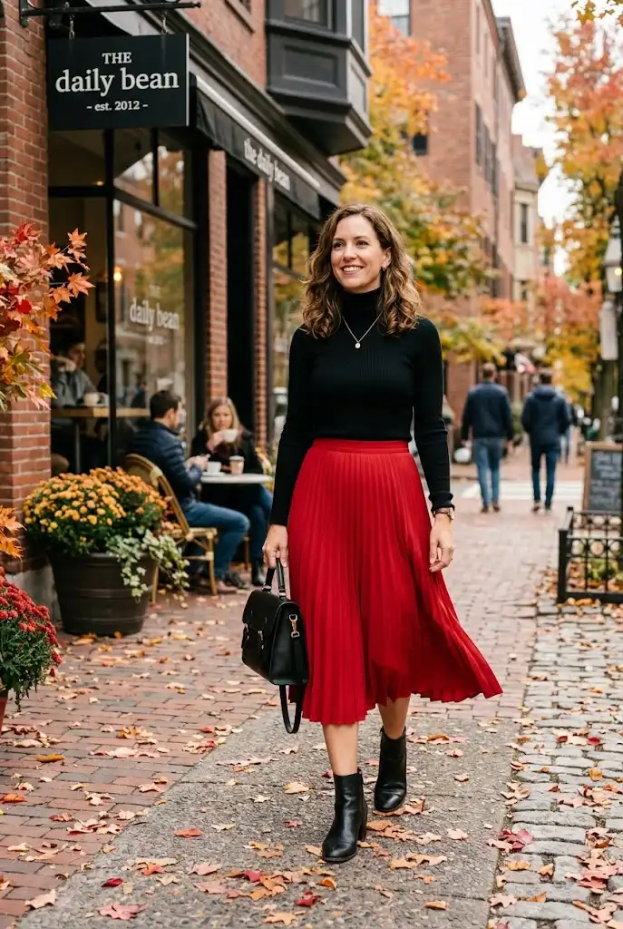 Cherry red pleated midi skirt paired with a black turtleneck and ankle boots.