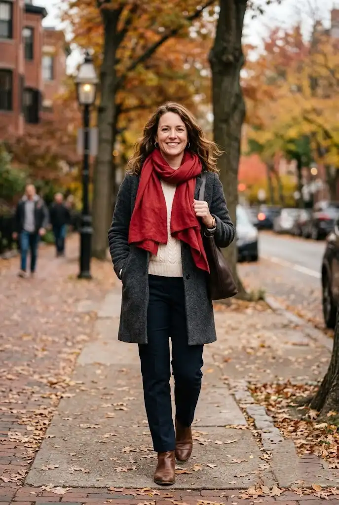 Charcoal coat styled with a cherry red scarf and neutral fall layers.