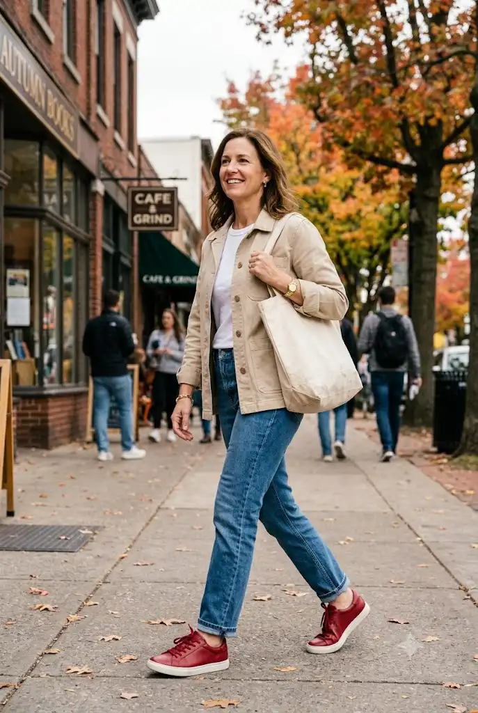 Cherry red sneakers paired with jeans, a white tee, and a beige jacket.