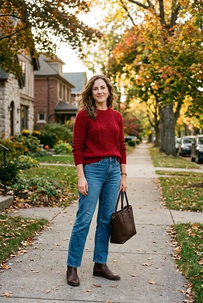 Woman wearing a cherry red sweater, straight-leg jeans, and brown ankle boots on an autumn sidewalk.