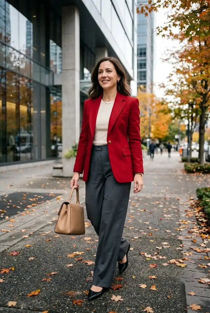 Cherry red blazer styled with a cream knit top, charcoal trousers, and black flats.