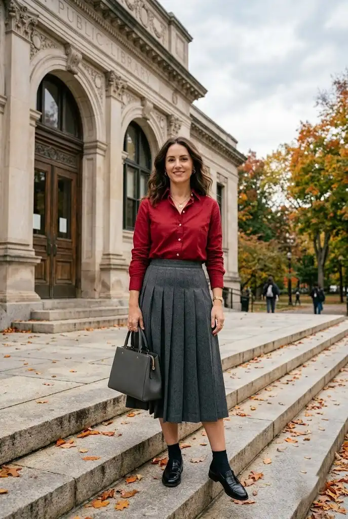 Cherry red button-down styled with a charcoal pleated midi skirt and black loafers.