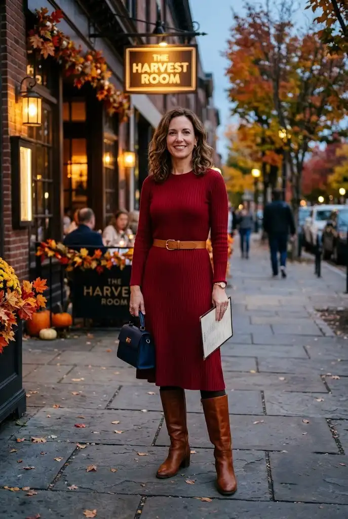 Cherry red ribbed midi dress paired with tall cognac brown boots.