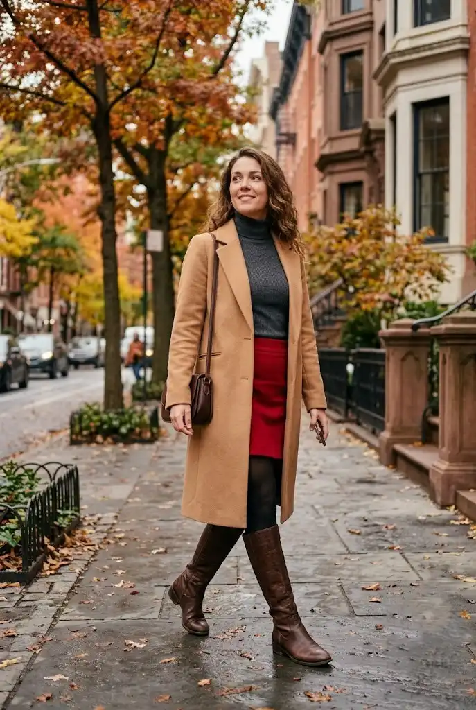 Cherry red mini skirt styled with a long camel coat, tights, and knee-high boots.