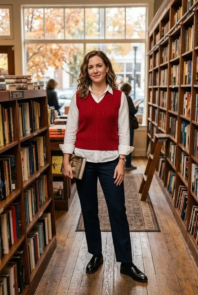 Cherry red sweater vest layered over a crisp white shirt with dark trousers.