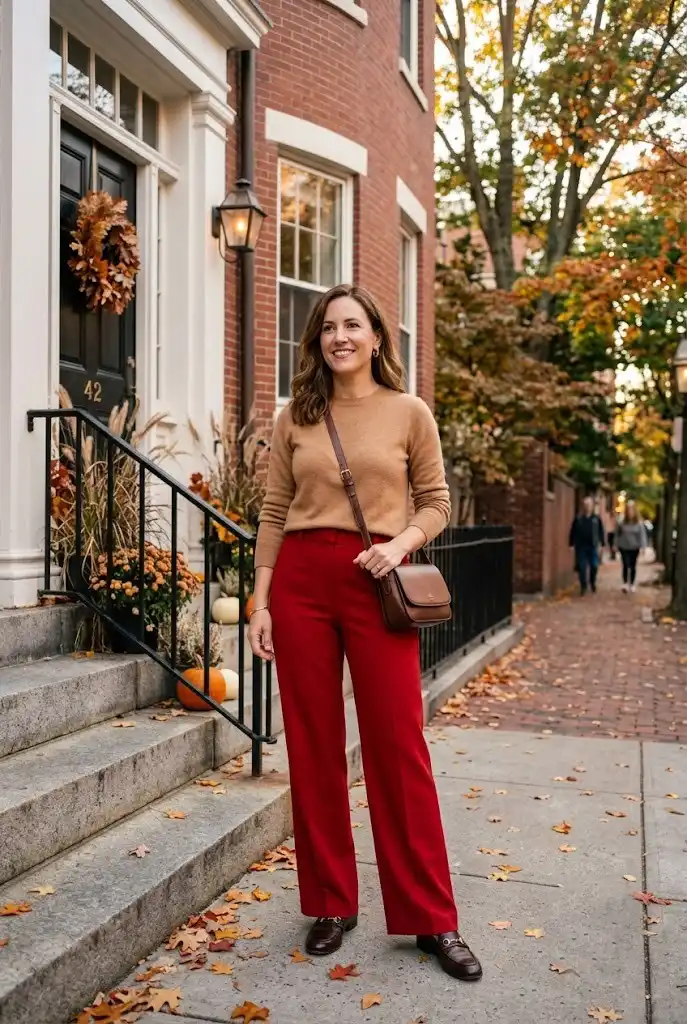 Cherry red wide-leg trousers styled with a camel sweater and brown loafers.