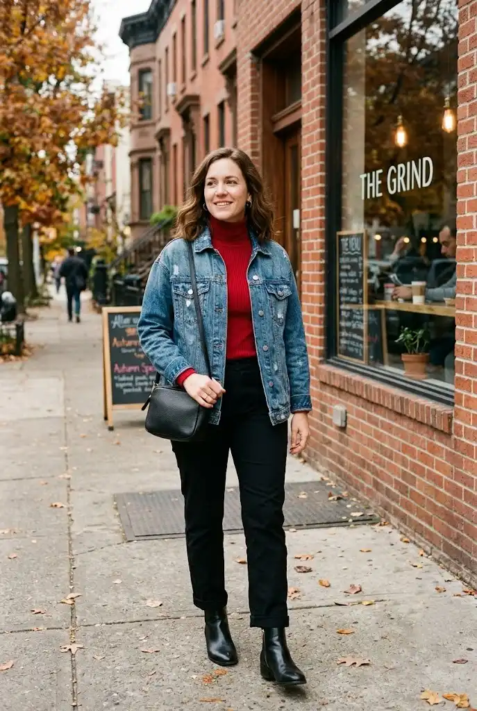 Cherry red turtleneck layered beneath a blue denim jacket with black trousers.