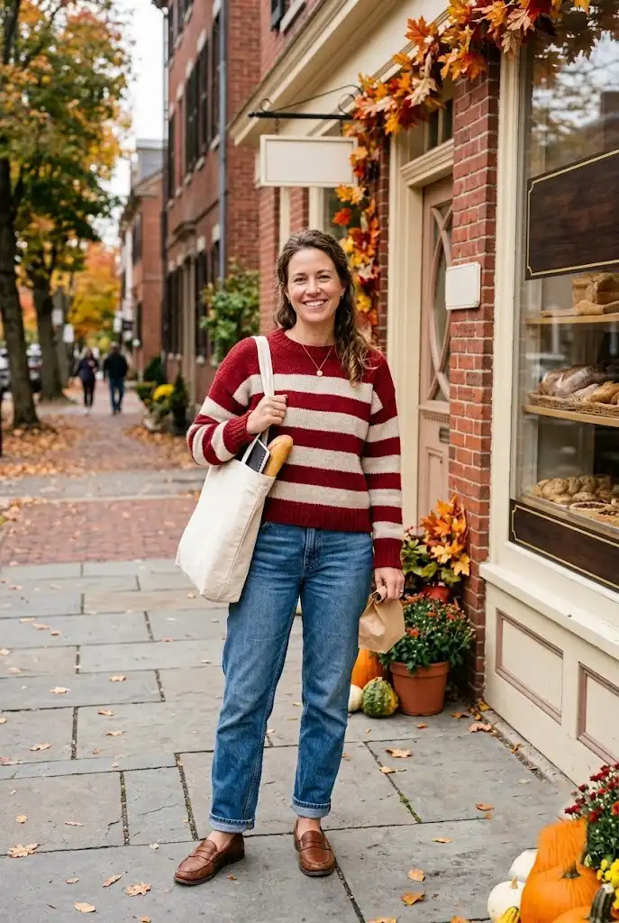 Cherry red and cream striped sweater paired with relaxed blue jeans and brown loafers.